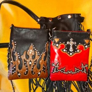 Four small bags: leather fringe, Rustic Coutures, floral peint